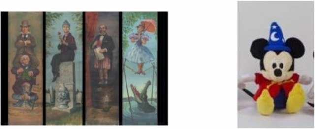  （左）ポストカード（ホーンテッドマンション壁画）195円／（右）ぬいぐるみ (Fantasia) 1,620円　©Disney 
